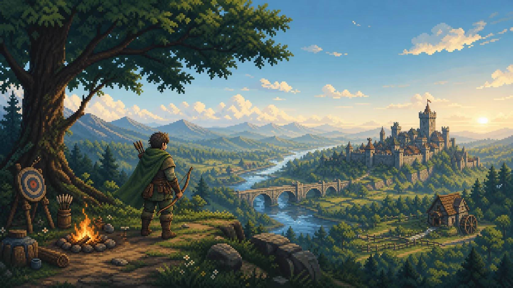 Original pixel art of a ranger overlooking a valley and distant castle