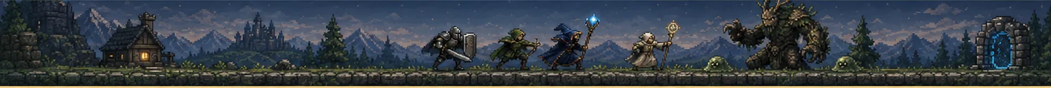 Original pixel art of Task Bar Hero adventurers crossing a fantasy landscape