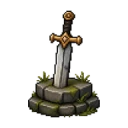 Pixel art sword in a stone pedestal